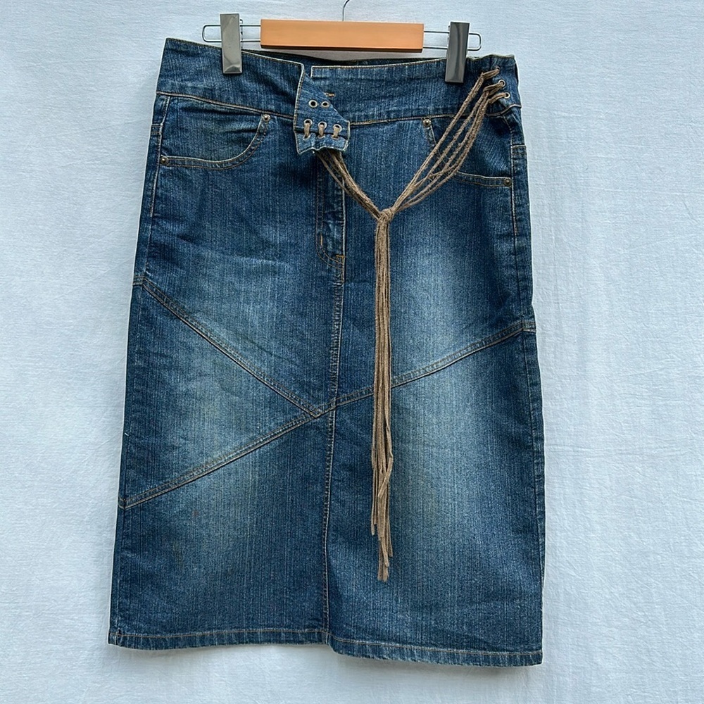 Request Denim Jean Skirt With Leather Ties